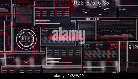 Image of virus text, graphs, loading bars, circles with changing numbers over black background Stock Photo