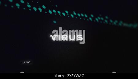 Image of virus text, binary codes over circuit board pattern against graphs on black background Stock Photo