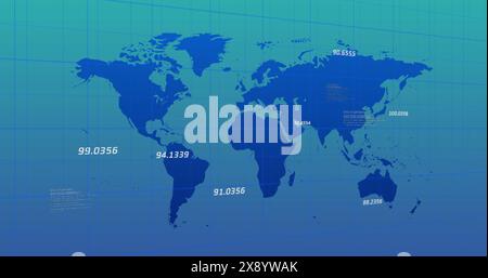 Image of numbers over grid pattern and computer language against map on blue background Stock Photo