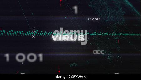 Image of virus text, binary codes over circuit board pattern against graphs on black background Stock Photo