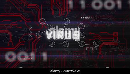 Image of virus text, binary codes over connected icons against circuit board pattern Stock Photo