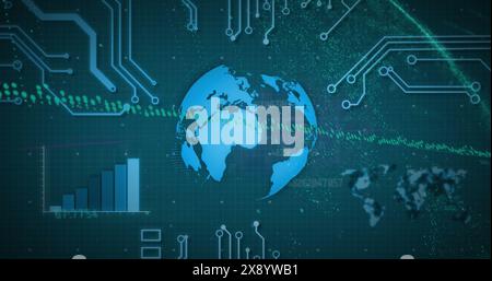 Image of graphs, computer language, circuit board pattern around globe on abstract background Stock Photo