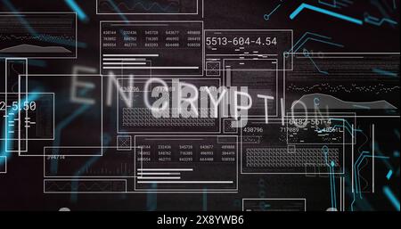 Image of encryption text over graphs, loading bars, circles and binary codes on black background Stock Photo