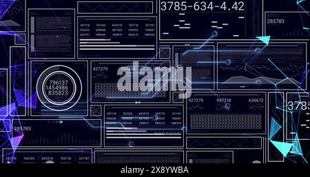 Image of graphs, loading bars and circles with changing numbers against connected dots Stock Photo