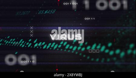 Image of virus text, binary codes over circuit board pattern against graphs on black background Stock Photo