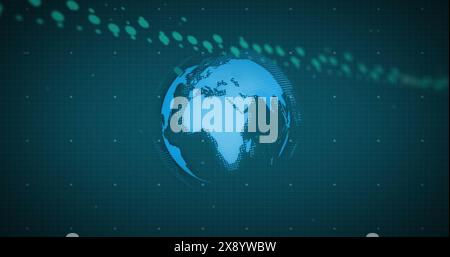 Image of graphs, computer language, circuit board pattern around globe on abstract background Stock Photo