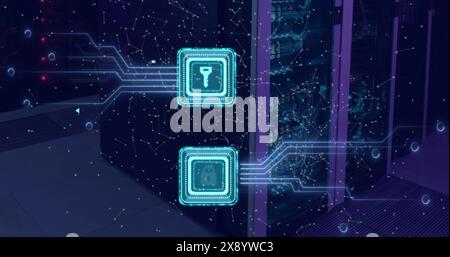 A series of green networks of connections forming and dissolving over server room Stock Photo