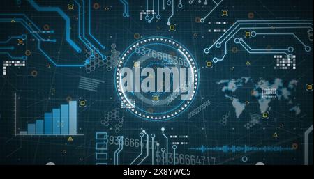 Image of circles over graph, map and circuit board pattern against abstract background Stock Photo