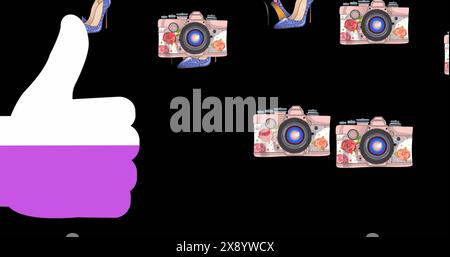 Image of loading thumbs up icon over stilettos and camera icons against black background Stock Photo