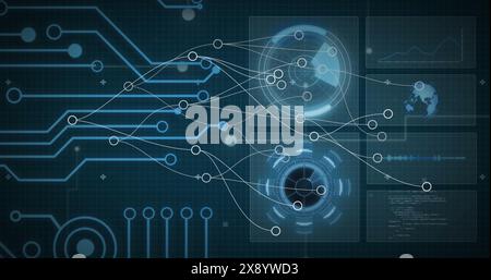Image of connected circles over radar, globe, graph and circuit board pattern in background Stock Photo