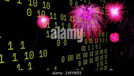 Image of looping binary codes over colorful exploding fireworks against black background Stock Photo