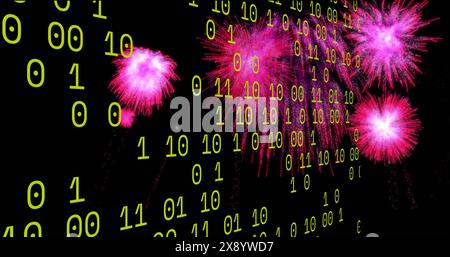 Image of looping binary codes over colorful exploding fireworks against black background Stock Photo