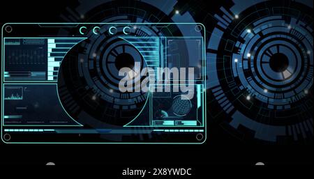 Image of loading bars, globe, graph over circles against black background Stock Photo