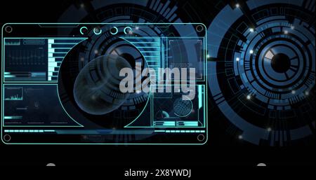 Image of blood cell, loading bars, globe, graph over circles against black background Stock Photo