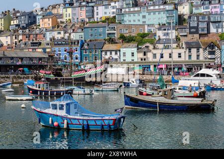 The harbour at Brixham with the replica of Sir Francis Drake's 'Golden Hind', Devon Stock Photo