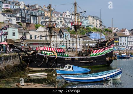 The harbour at Brixham with the replica of Sir Francis Drake's 'Golden Hind', Devon Stock Photo