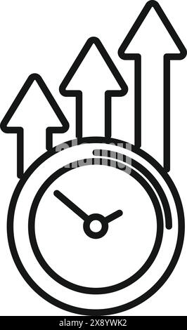 Black and white line art icon of a clock with upward arrows symbolizing increasing efficiency and progress Stock Vector