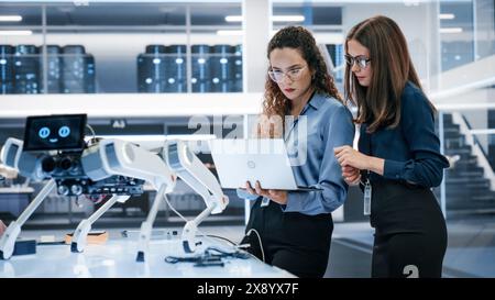 Two Industrial Robotics Engineers Gathered at a Table With Robotic Mobile Prototype. Two Females Discuss the Project, Program the Robot Dog with a Laptop Computer. Stock Photo
