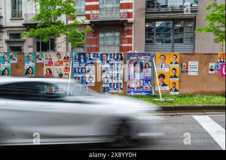 Brussels, Belgium. 16th May, 2024. Nicolas Landemard/Le Pictorium - Illustrations of election signs in Brussels - 16/05/2024 - Belgium/Brussels/Brussels - Various election signs are installed in the city in preparation for the various elections in the Belgian capital and Belgium during 2024. Credit: LE PICTORIUM/Alamy Live News Stock Photo