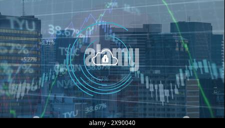 Image of security padlock icon, financial and stock market data processing against tall building Stock Photo