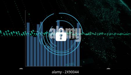Image of security padlock icon and statistical data processing against black background Stock Photo
