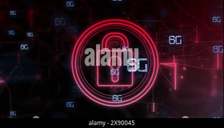 Image of multiple 6g text banners and security padlock icons and red light trails Stock Photo