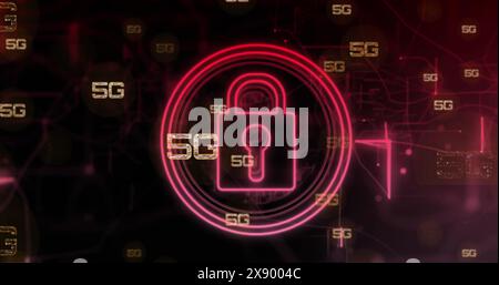 Image of multiple 5g text banners and security padlock icons and red light trails Stock Photo