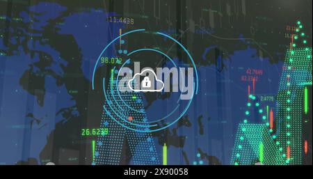 Image of security padlock icon over statistical and financial data processing on grey background Stock Photo