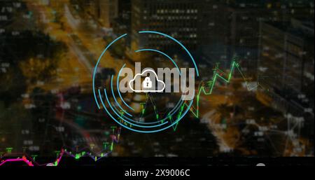 Image of security padlock and cloud icon over financial data processing against night cityscape Stock Photo