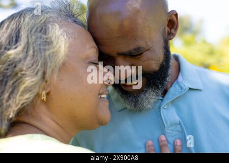 A diverse senior couple embracing outdoors, sharing affection Stock Photo