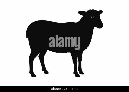 Black silhouette of a sheep standing, livestock animal, farm, agricultural concept, illustration. Black silhouette isolated on white background. Stock Vector