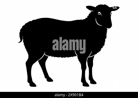Black silhouette of a sheep standing, livestock animal, farm, agricultural concept, illustration. Black silhouette isolated on white background. Stock Vector