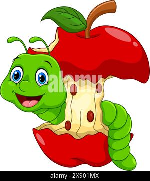 Funny cartoon worm in the apple isolated on white background Stock Vector