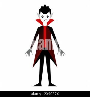 Cartoon vampire with red cape and fangs. Halloween character. Dracula costume, spooky, horror concept. Isolated on white background. Stock Vector
