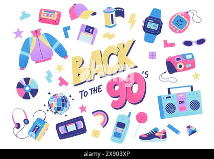 90s retro elements set with lettering. Bright multicolour collection. Vector illustration in trendy flat style Stock Vector