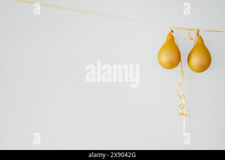 Deflated yellow balloons on golden string white background. After party holiday concept Stock Photo