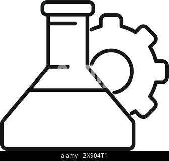 Black line icon of a conical flask combined with a gear, symbolizing scientific research and industrial chemistry Stock Vector