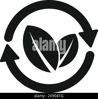 Bold black and white icon showcasing recycling arrows intertwined with leaves, representing sustainability Stock Vector
