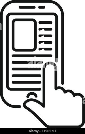 Line icon representing a finger tapping on a smartphone screen with a mobile application interface Stock Vector