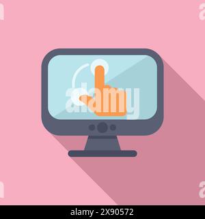 Minimalistic vector illustration depicting a hand cursor pointing at a computer monitor on a pink background Stock Vector