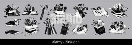 Books with spring and summer flowers black and white 2D cartoon objects set. Floral library isolated vector monochrome items collection Stock Vector