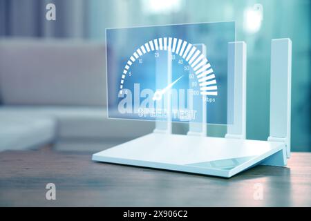 Speed test. Virtual screen over Wi-Fi router on wooden table Stock Photo