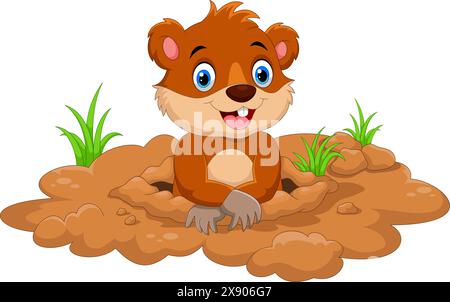 Cartoon cute groundhog on his burrow Stock Vector