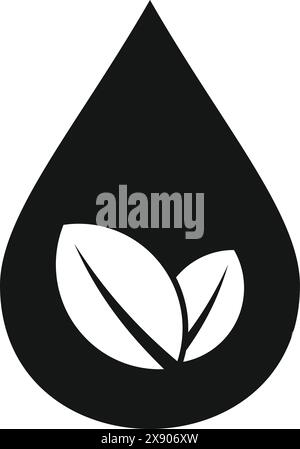 Black and white icon featuring a drop of water with leaf motif, symbolizing ecofriendliness Stock Vector
