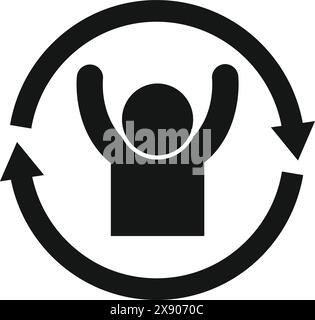 Black and white simple iconography of a person silhouette with raised arms in a circular arrow motivational image representing success and achievement as a symbol of victory. Goal completion Stock Vector