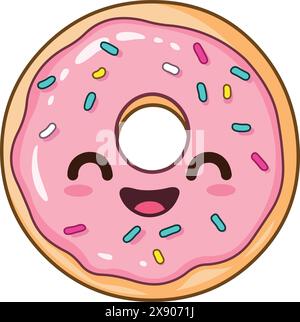 Happy kawaii donut with pink glazing and colorful sprinkles in a kawaii style Stock Vector