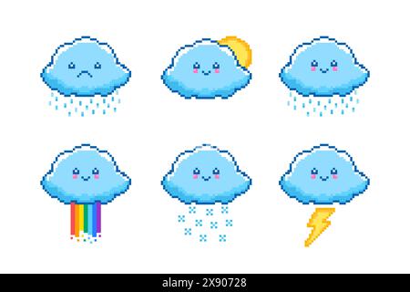 Set of cloud icons in pixel art style on white background. Stock Vector