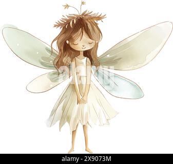 Cute little fairy painted with watercolor Stock Vector