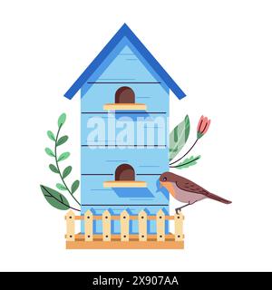 Birdhouse with two stories and small terrace 2D cartoon object. Sparrow sitting on feeder flat line vector image on white background Stock Vector