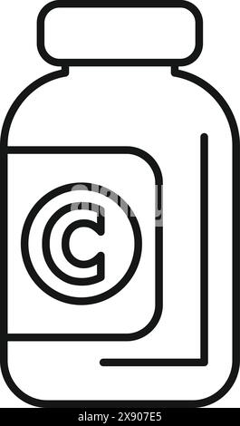 Simple line icon depicting a medicine bottle with a copyright symbol label Stock Vector